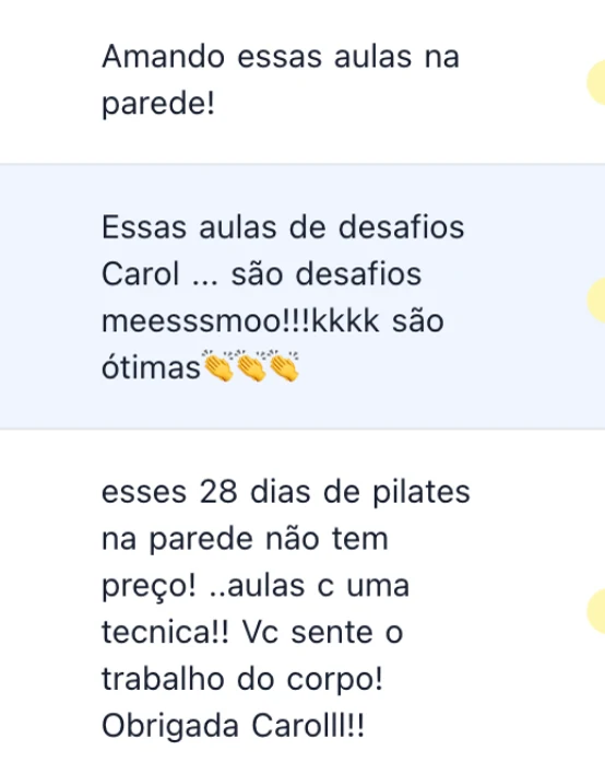 Comentários de alunas: amando essas aulas na parede; esses 28 dias de Pilates na parede não têm preço