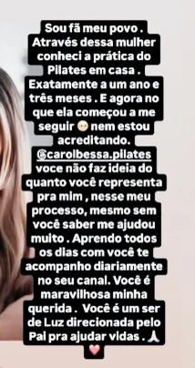 Story de aluna agradecendo à Carol pelo Pilates em casa